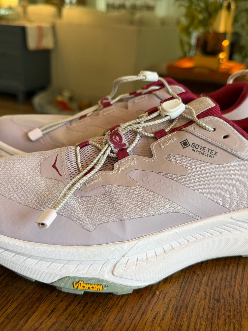 Hoka Women’s Light Pink and Burgundy GORE‑TEX Waterproof Trail Sneaker